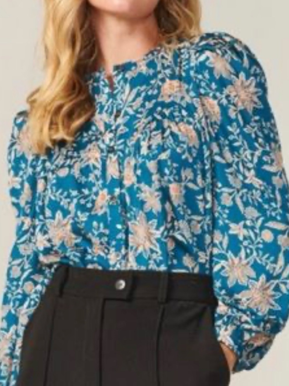 Greylin Teal Floral Long-Sleeve Button Front Blouse